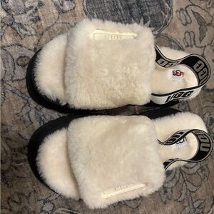 UGG Cream Fluffy Sandals with Black Sole
